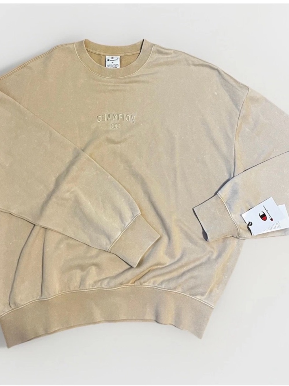 Champion Men's Garment Washed Khaki Crew Neck Pullover Sweatshirt Size M
